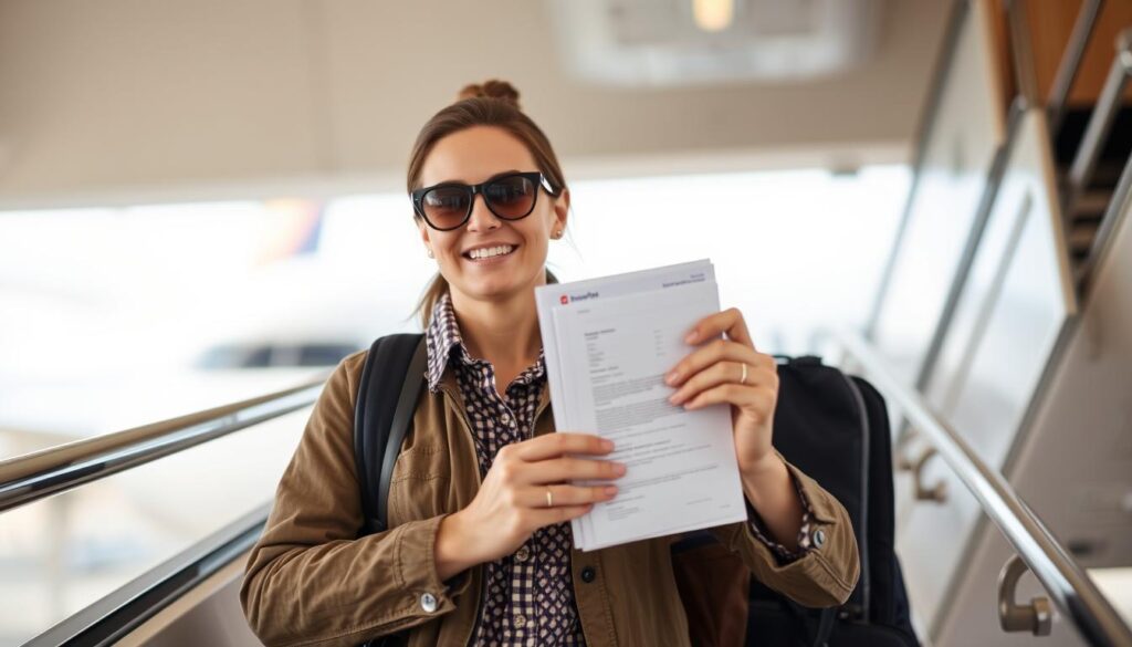 Traveler confidently boarding plane with insurance documents in hand Traveler confidently boarding plane with insurance documents in hand
