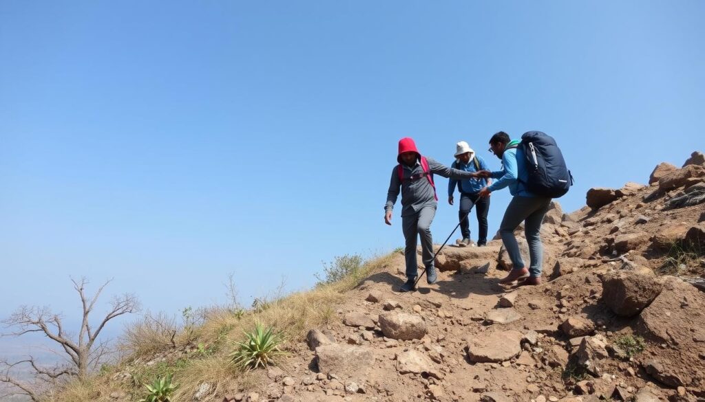 Trekkers carefully navigating a steep section of the Jungli Jaigad Fort trail Trekkers carefully navigating a steep section of the Jungli Jaigad Fort trail
