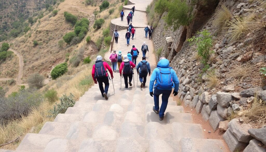 Trekkers climbing the stone steps leading to Korigad Fort Trekkers climbing the stone steps leading to Korigad Fort