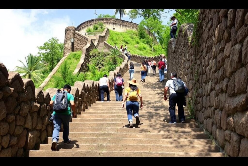 Trekkers climbing the stone steps of Shivneri Fort Trek route Trekkers climbing the stone steps of Shivneri Fort Trek route