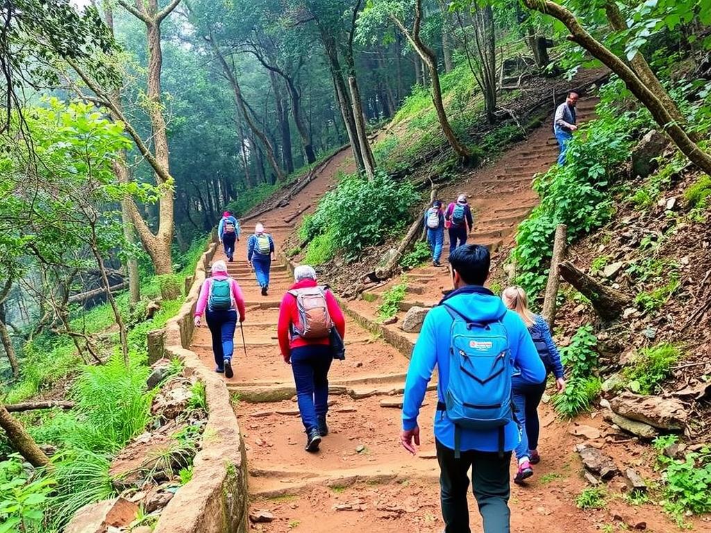 Trekkers navigating the trail to Jungli Jaigad Fort through dense forest Trekkers navigating the trail to Jungli Jaigad Fort through dense forest