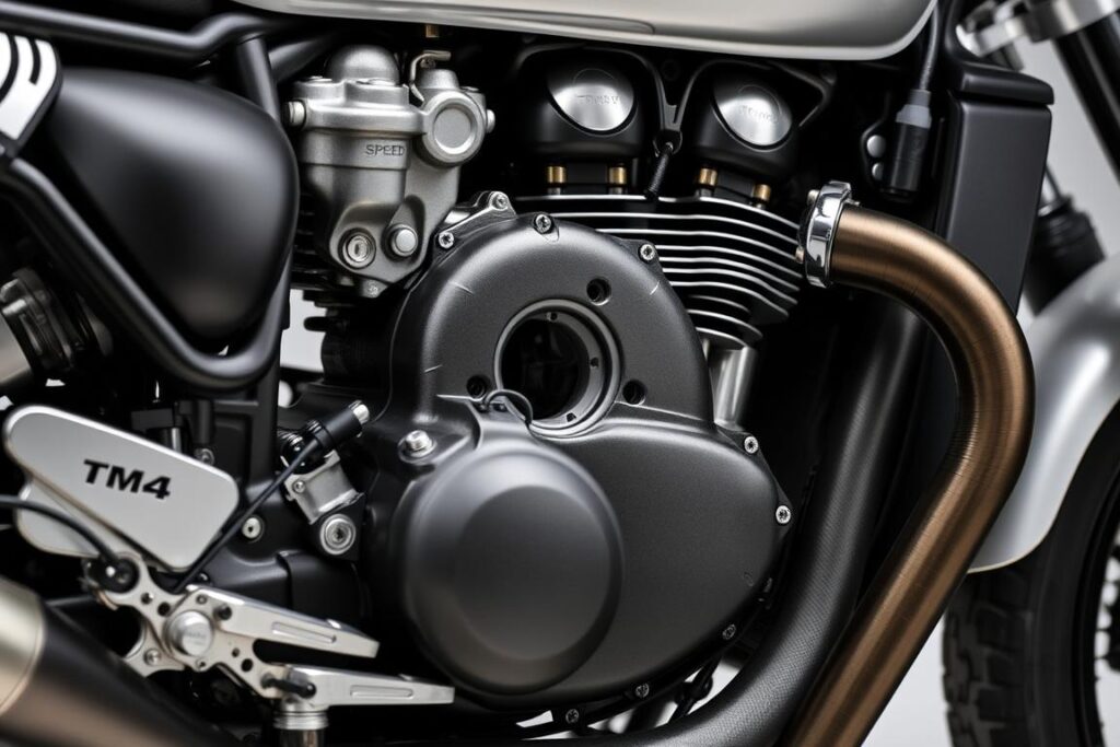 Triumph Speed T4 engine closeup showing the 398cc single-cylinder unit Triumph Speed T4 engine closeup showing the 398cc single-cylinder unit