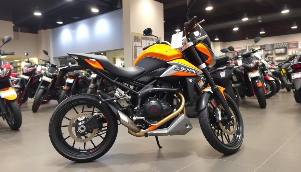 Triumph Speed T4 in Baja Orange at a dealership ready for customer viewing Triumph Speed T4 in Baja Orange at a dealership ready for customer viewing