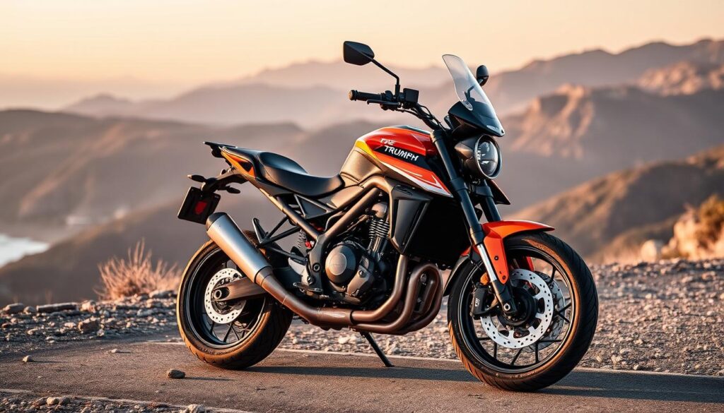 Triumph Speed T4 in Baja Orange on a scenic road showcasing its appeal Triumph Speed T4 in Baja Orange on a scenic road showcasing its appeal