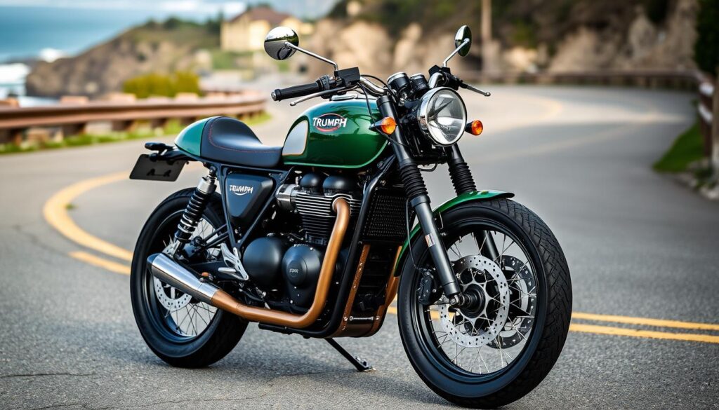 Triumph Thruxton 400 cafe racer motorcycle on a coastal road Triumph Thruxton 400 cafe racer motorcycle on a coastal road