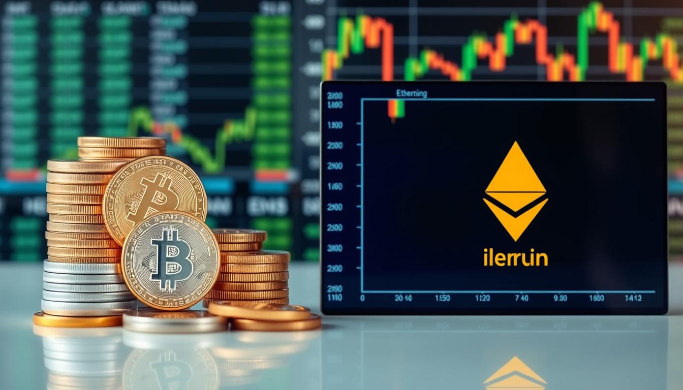 Various coin stocks represented by physical coins and digital cryptocurrency symbols