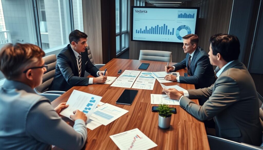 Vedanta corporate executives in a board meeting discussing financial strategy Vedanta corporate executives in a board meeting discussing financial strategy