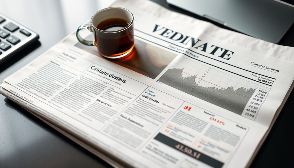 Vedanta dividend news headline on financial newspaper with stock chart Vedanta dividend news headline on financial newspaper with stock chart