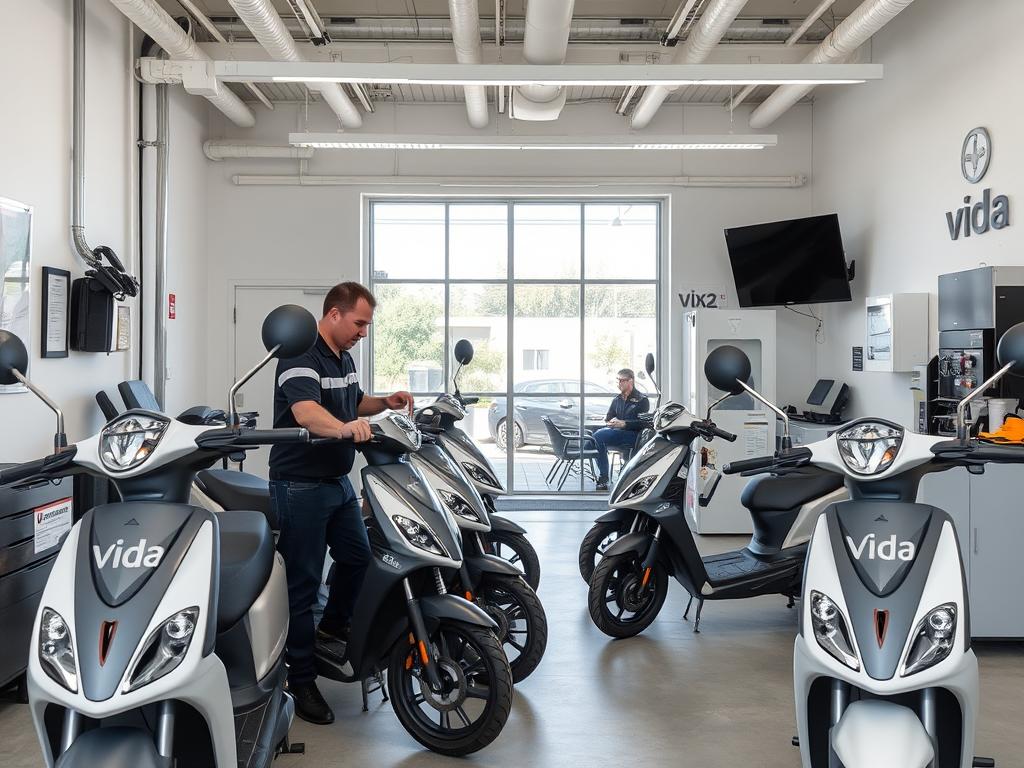 Vida service center with technicians working on VX2 electric scooters Vida service center with technicians working on VX2 electric scooters