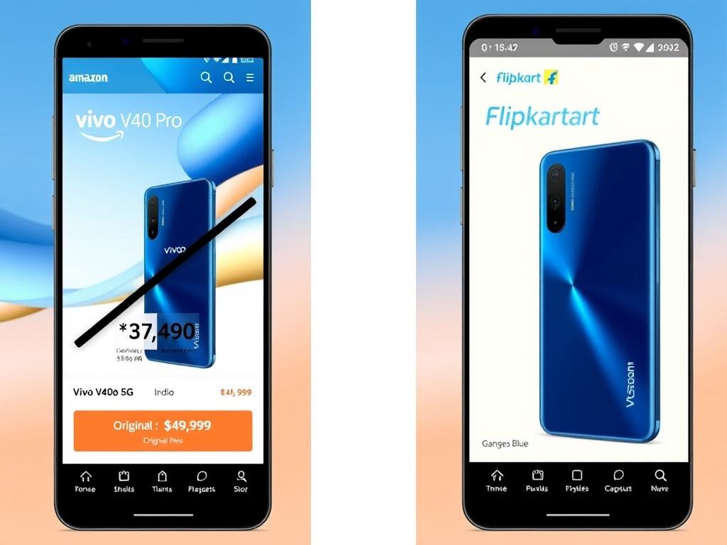 Vivo V40 Pro 5G being displayed on Amazon and Flipkart shopping apps with price comparison Vivo V40 Pro 5G being displayed on Amazon and Flipkart shopping apps with price comparison