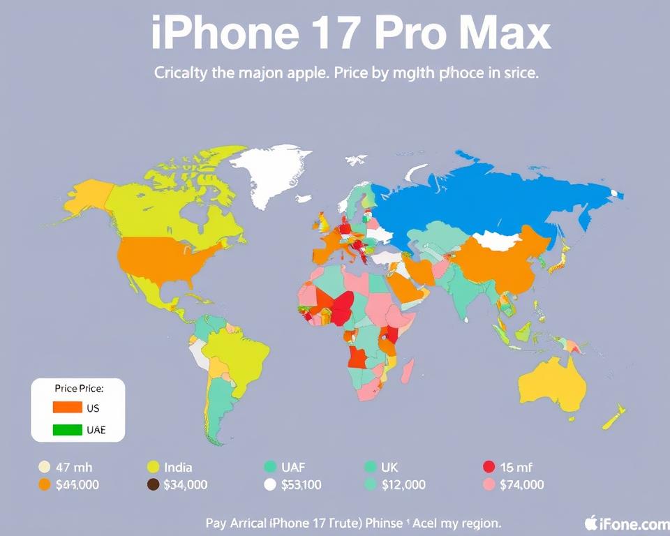 World map showing Apple iPhone 17 Pro Max price variations by region