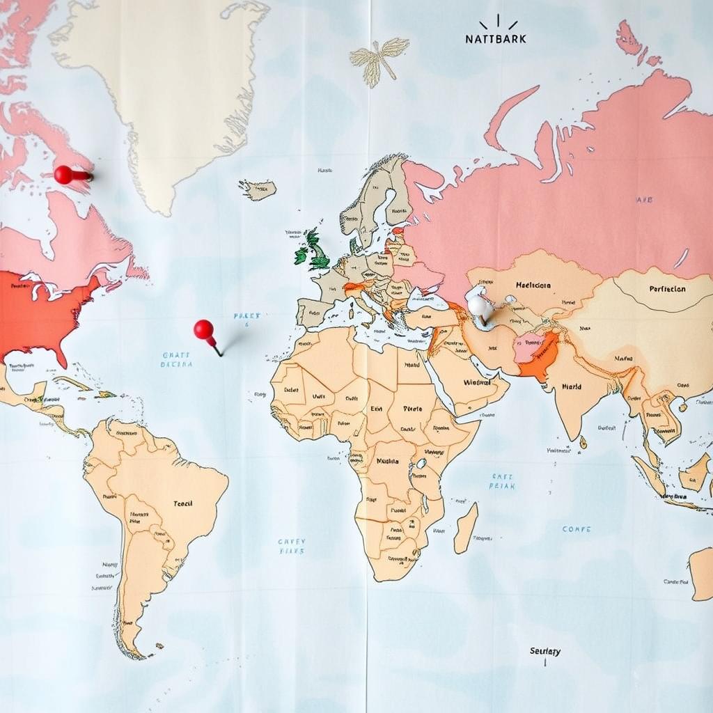 World map with pins marking different travel destinations World map with pins marking different travel destinations