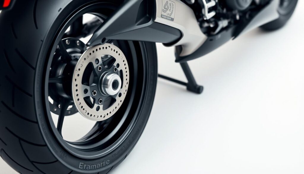 a close-up view of the motorcycle's rear wheel, highlighting the disc brake with a 4-piston caliper and the tire's tread pattern, all rendered in a detailed, technical style with a focus on engineering and performance, set against a clean, minimalist background with soft neutral lighting to emphasize the machine's sleek, modern design