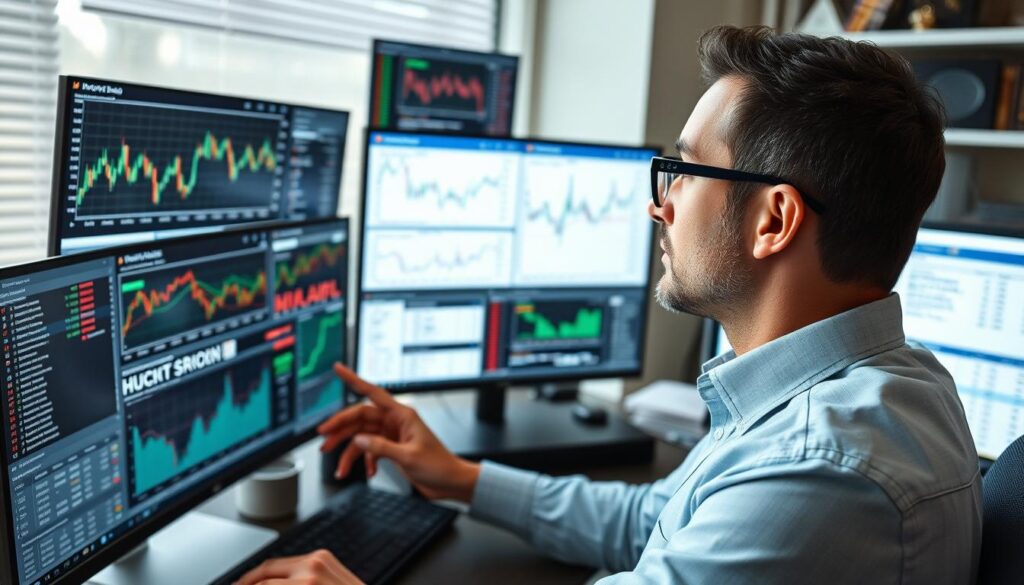 Investor analyzing HIMS stock data on multiple screens Investor analyzing HIMS stock data on multiple screens